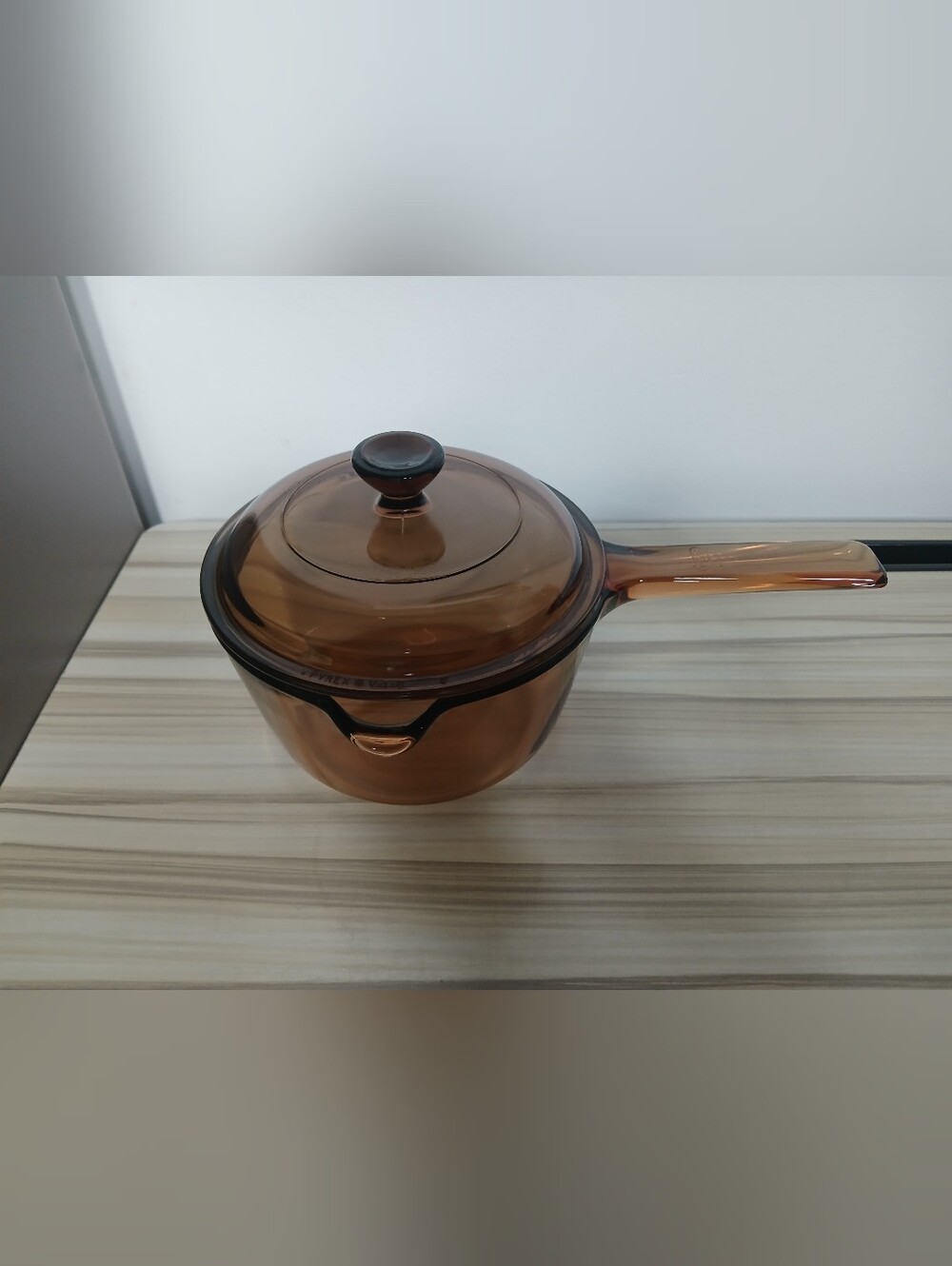 Vtg Corning Vision Amber Glass 1 L Saucepan Pot With Pour Spout & Pyrex Lid USA